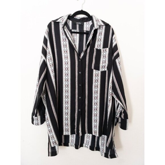 Akira Geometric Striped Button-Up Long-Sleeve Shirt - Picture 1 of 11